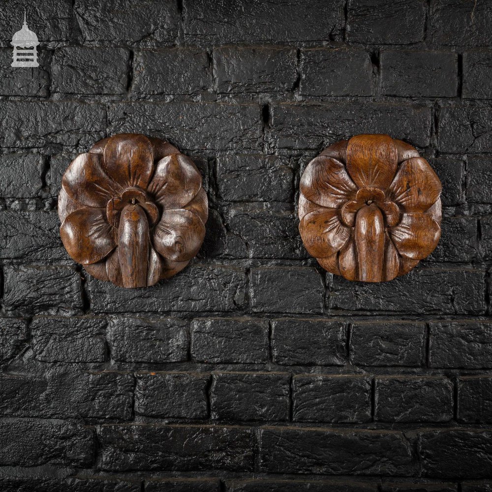 Pair of Early Oak Floral Petal Carvings