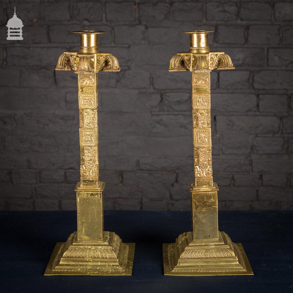 Stunning 19th C Indian Solid Brass Candle Stick Holders