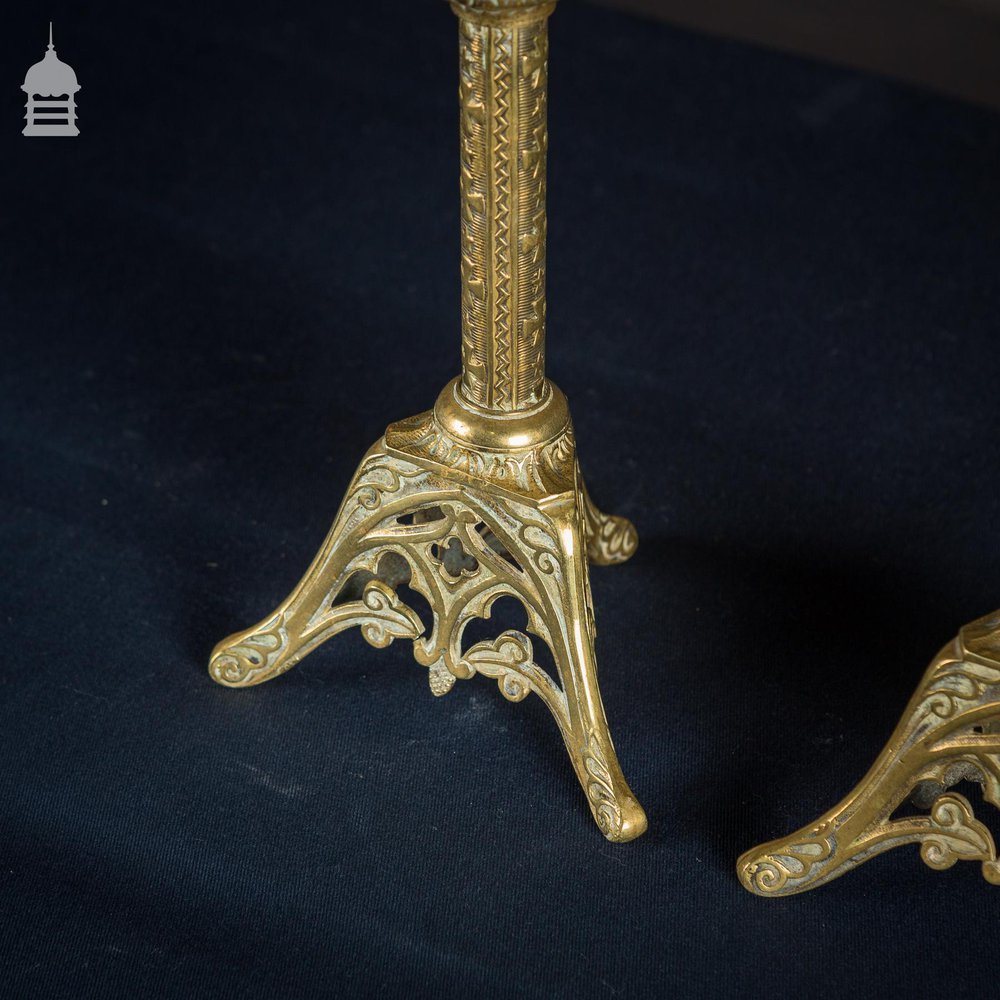 Pair of 19th C Brass Candle Stick Holders with Gothic Celtic Design