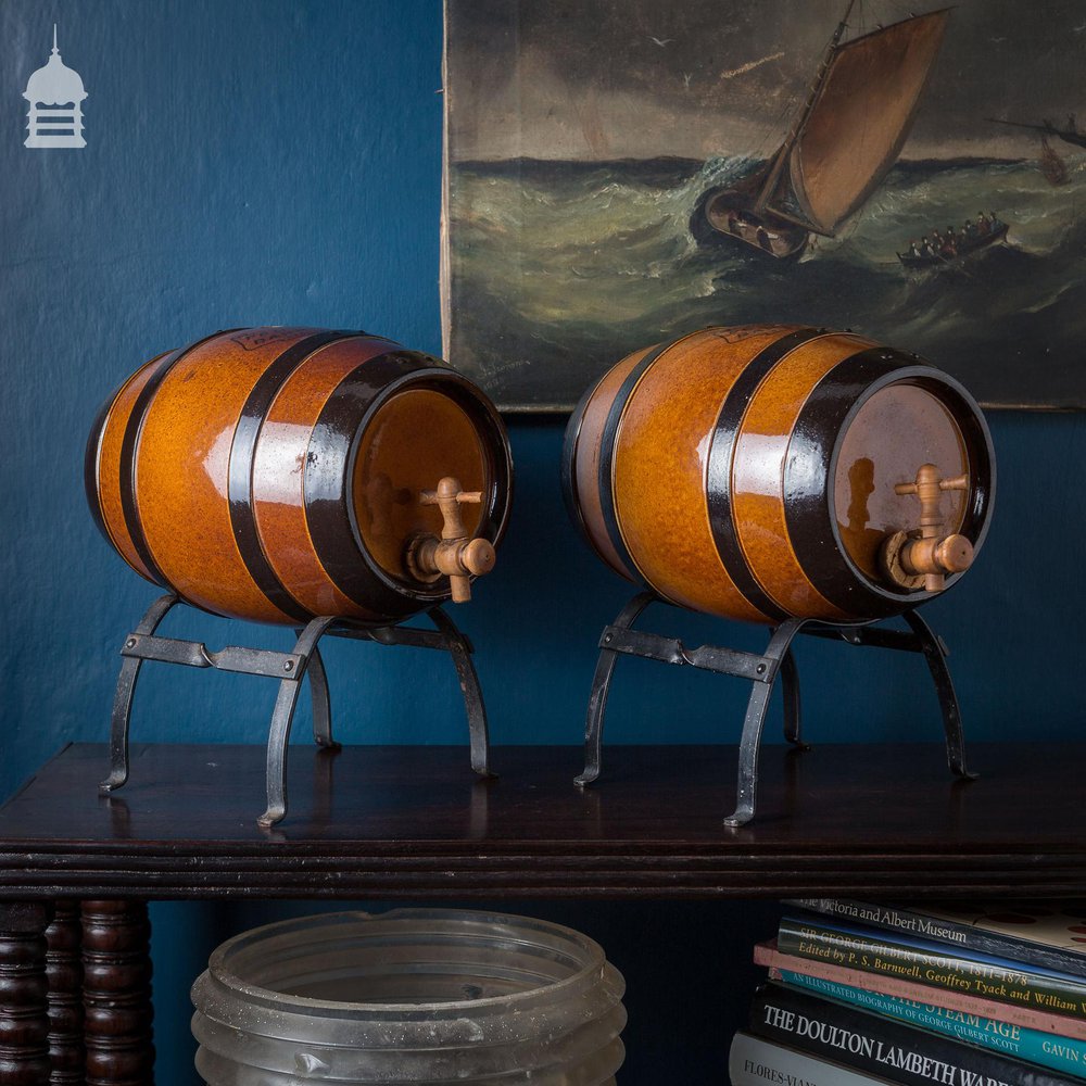 Pair of Late 19th C Doulton Lambeth Stoneware Pedestrian Barrelette Picnic Whiskey Barrels on Stands