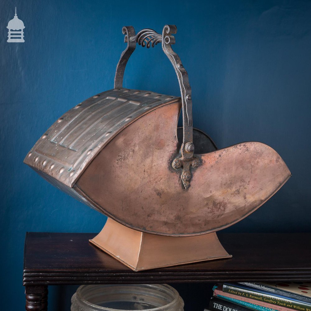 Arts & Crafts Copper Coal Scuttle with Decorative Riveted Wrought Iron Scroll and Twist Handle