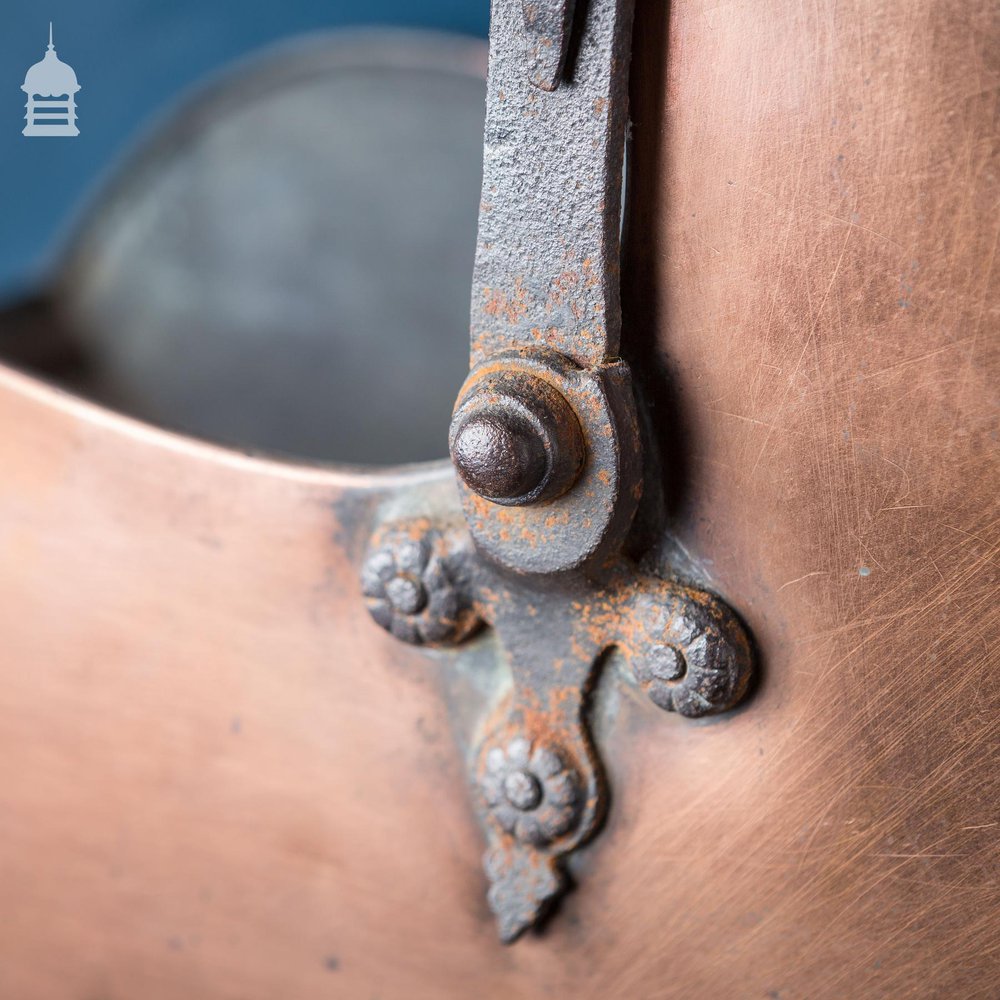 Arts & Crafts Copper Coal Scuttle with Decorative Riveted Wrought Iron Scroll and Twist Handle