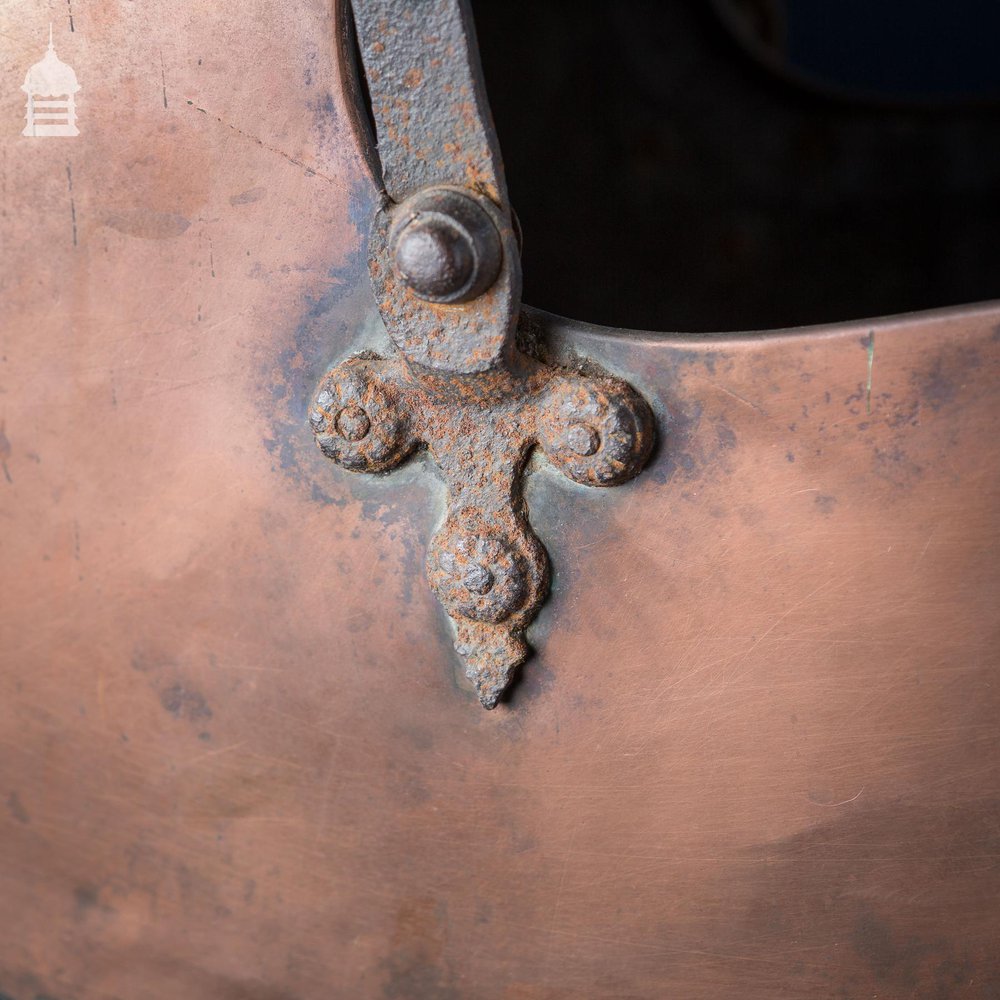 Arts & Crafts Copper Coal Scuttle with Decorative Riveted Wrought Iron Scroll and Twist Handle