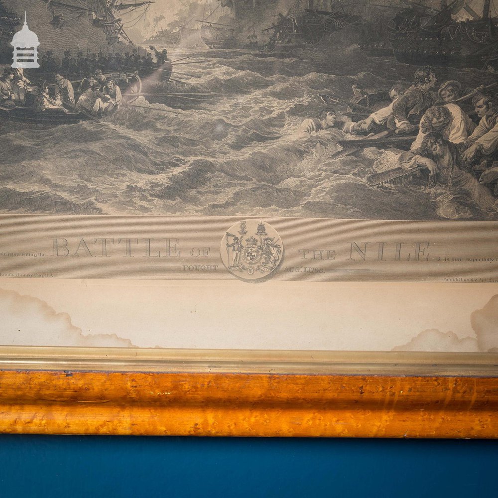 Georgian Engraving dated 1803 by James Fittler Depicting the 1798 Battle of the Nile in Painted Birdseye Maple Effect Frame