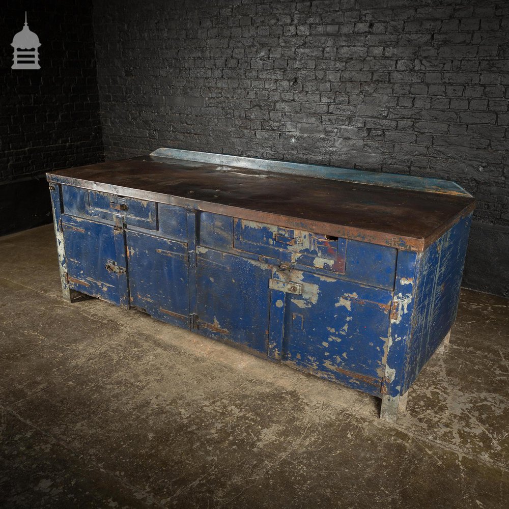 Large Blue Metal Industrial Factory Utility Workbench with Cupboards