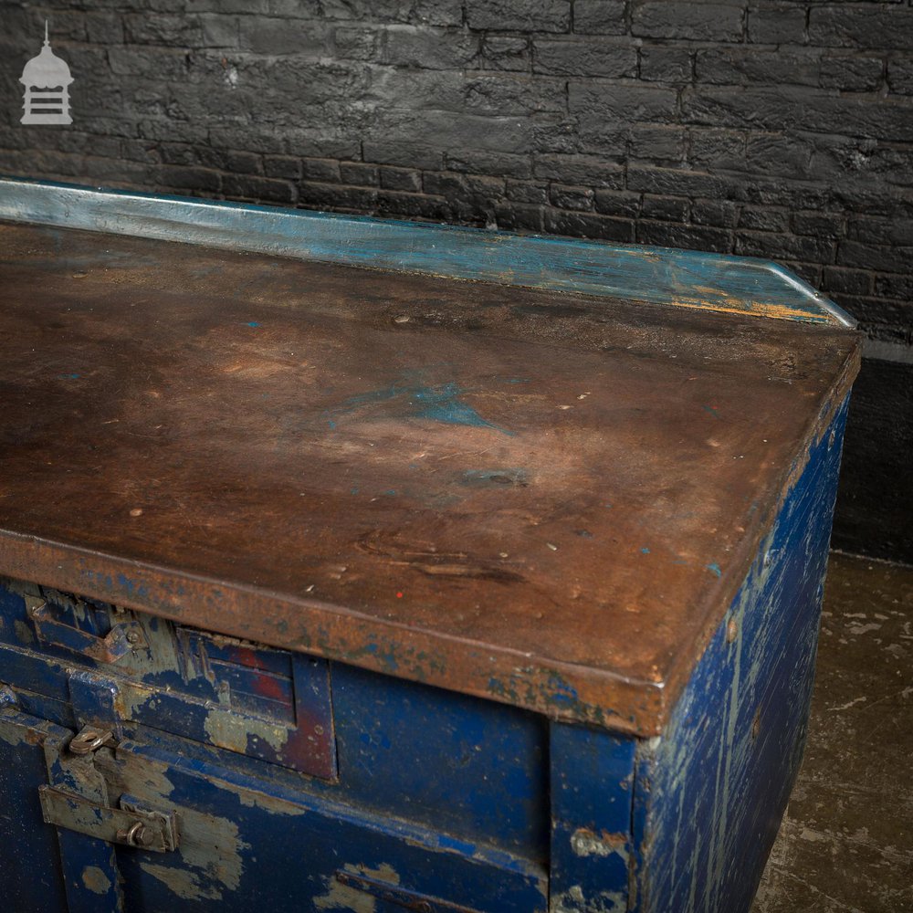 Large Blue Metal Industrial Factory Utility Workbench with Cupboards