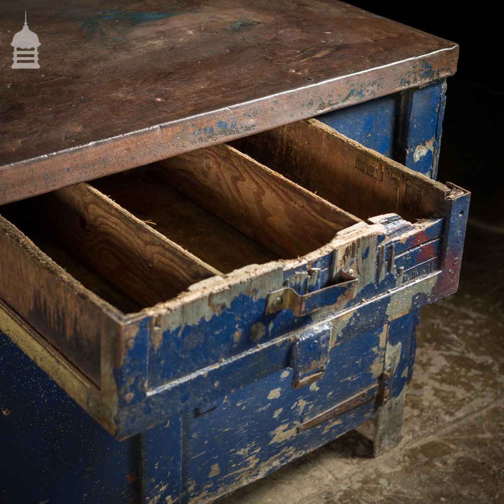 Large Blue Metal Industrial Factory Utility Workbench with Cupboards