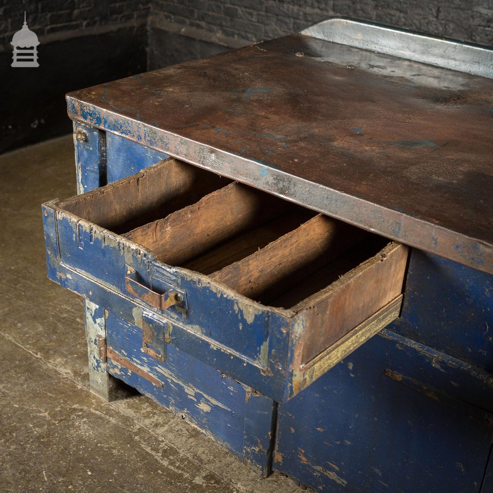 Large Blue Metal Industrial Factory Utility Workbench with Cupboards