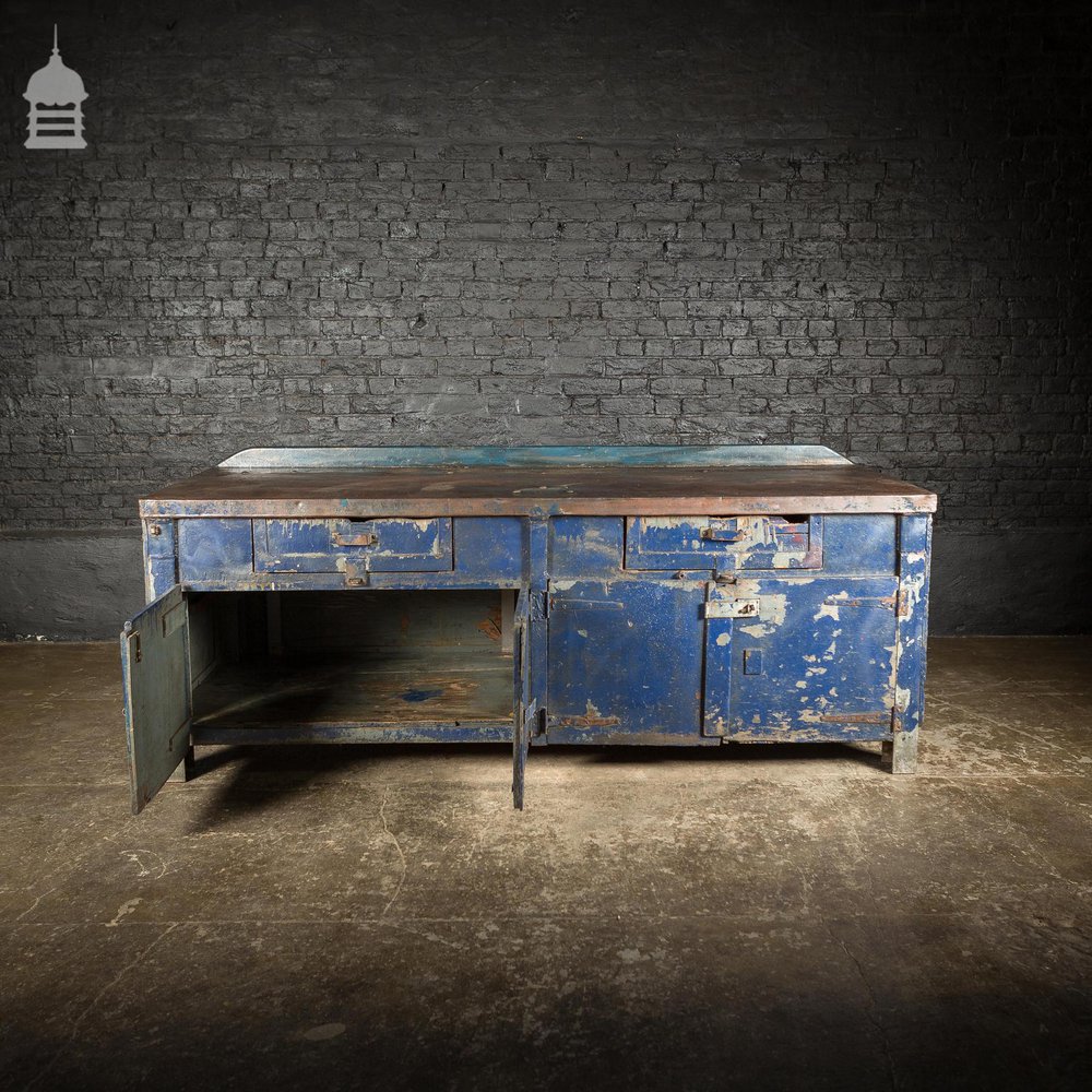 Large Blue Metal Industrial Factory Utility Workbench with Cupboards