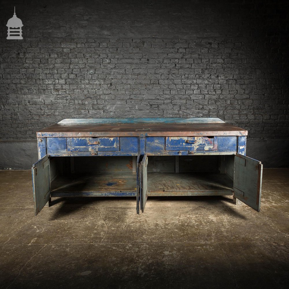 Large Blue Metal Industrial Factory Utility Workbench with Cupboards