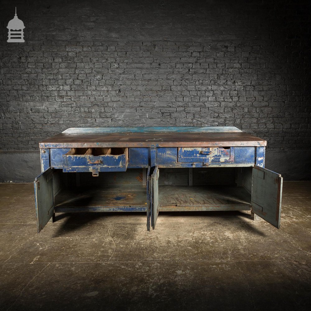 Large Blue Metal Industrial Factory Utility Workbench with Cupboards