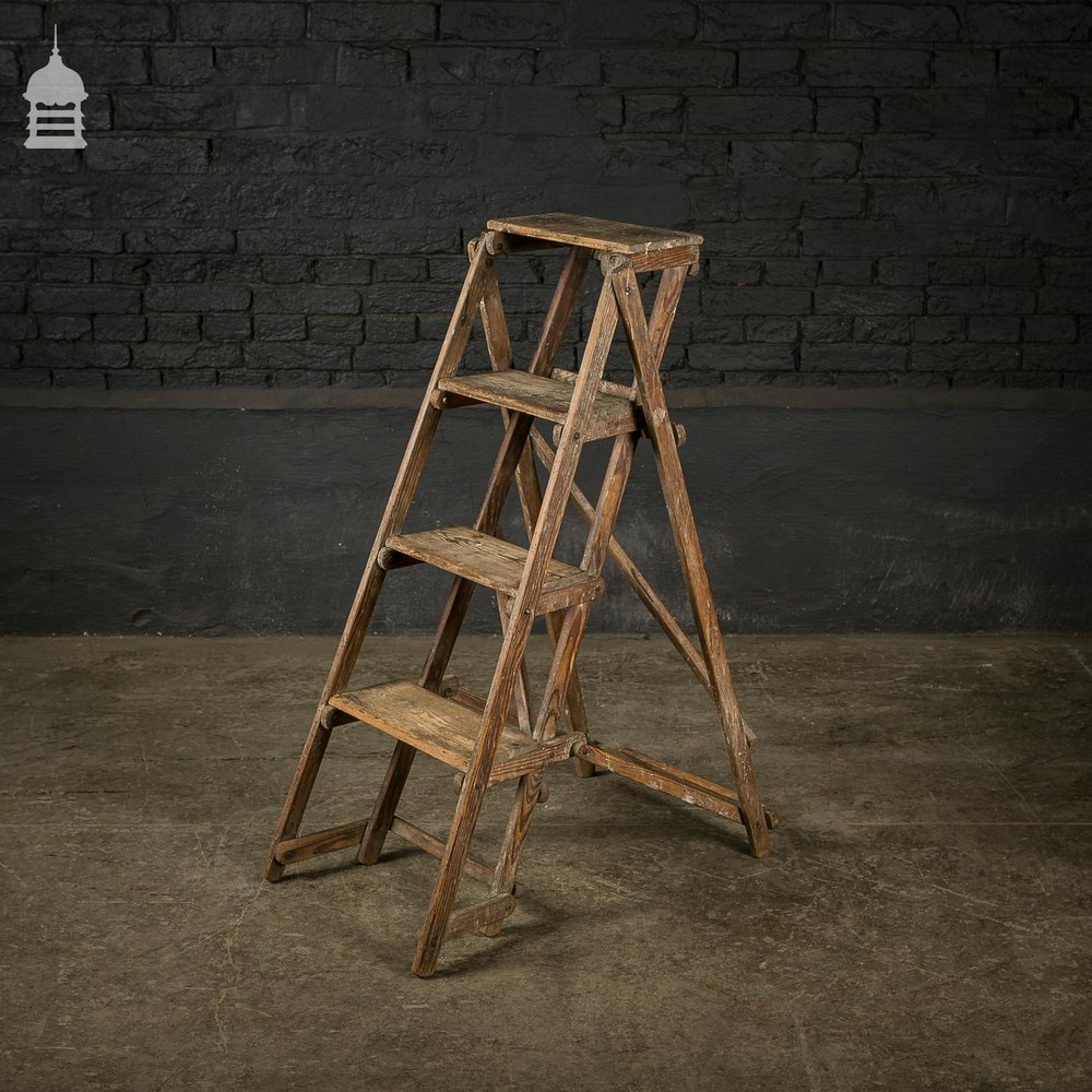 Vintage Pitch Pine Folding A-Steps Step Ladder