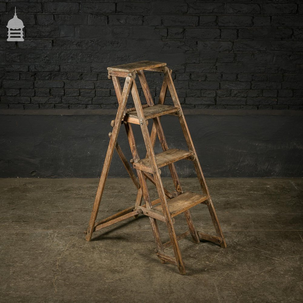 Vintage Pitch Pine Folding A-Steps Step Ladder