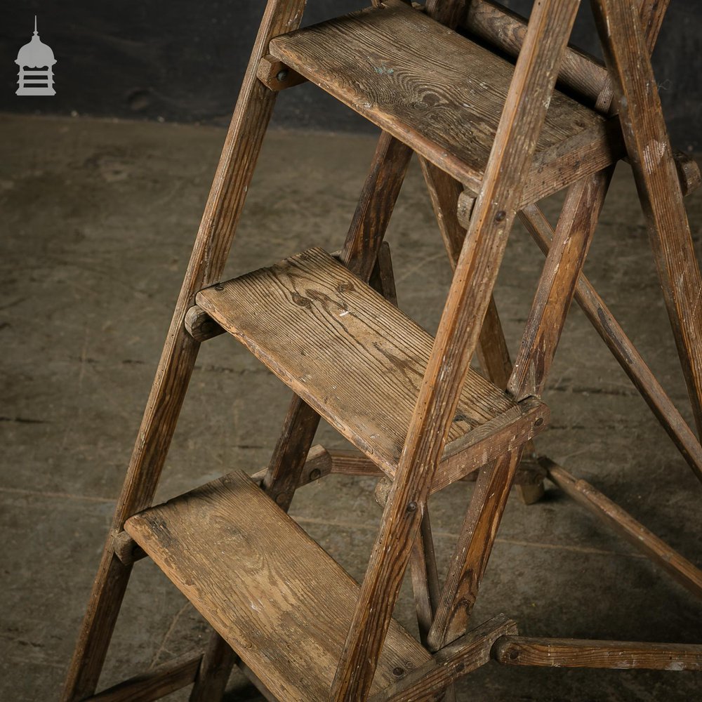 Vintage Pitch Pine Folding A-Steps Step Ladder