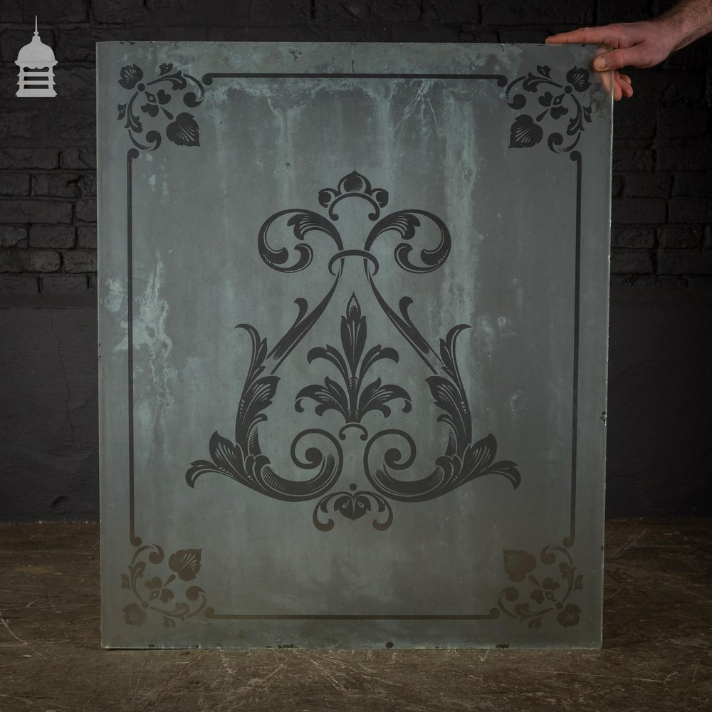 Original Etched Frosted Glass Panel with Decorative Design