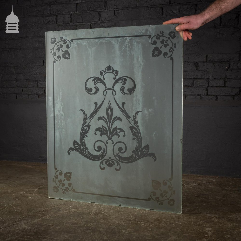 Original Etched Frosted Glass Panel with Decorative Design