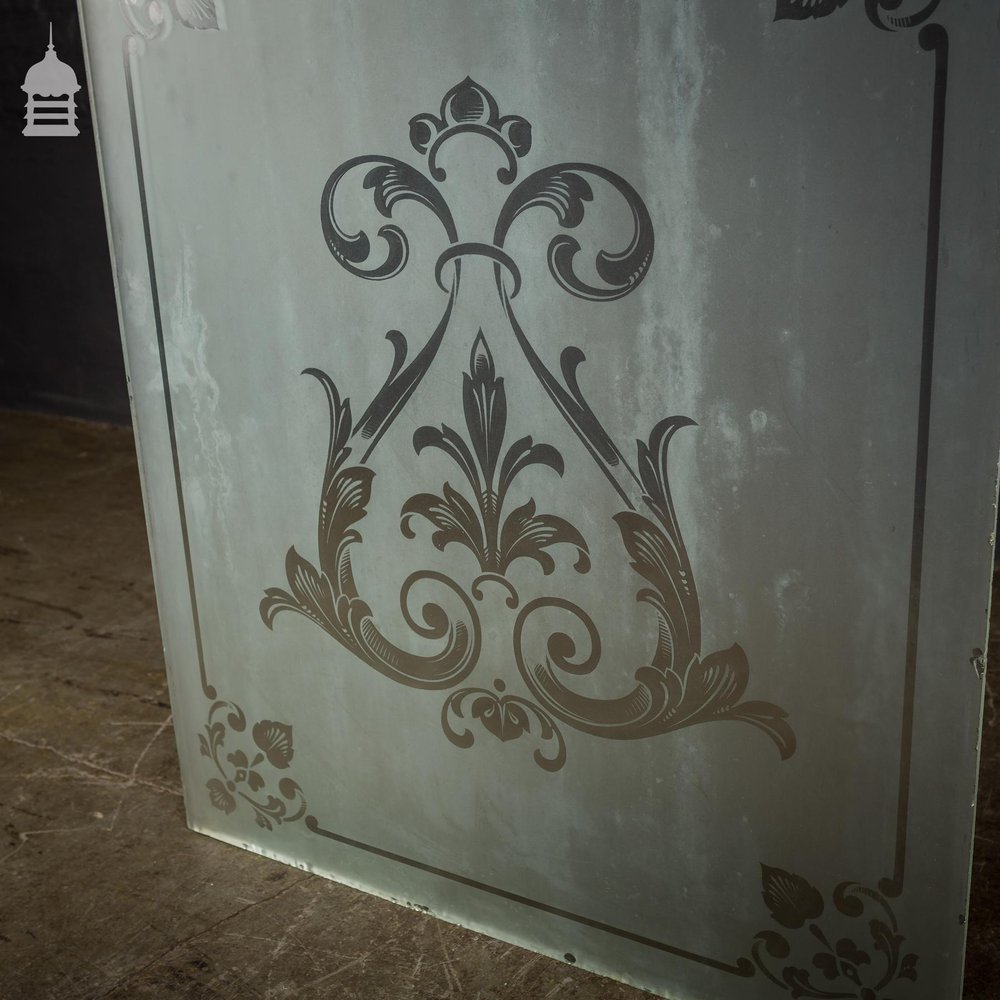 Original Etched Frosted Glass Panel with Decorative Design