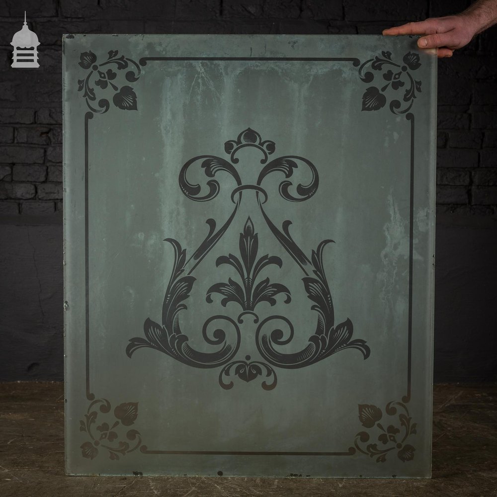 Original Etched Frosted Glass Panel with Decorative Design