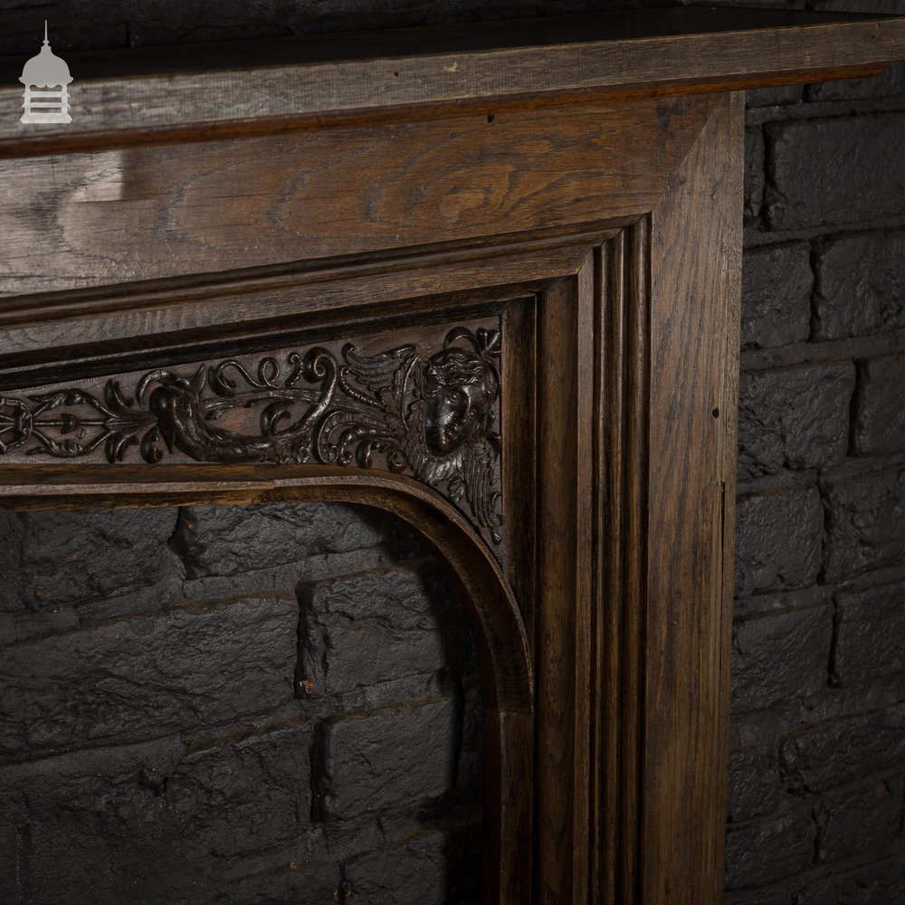 19th C Mock Tudor Carved Oak Fire Place Surround