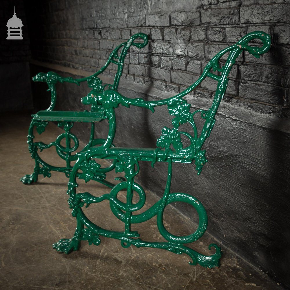 Pair of Green Coalbrookdale Design Cast Iron Bench Ends with Hound and Serpent