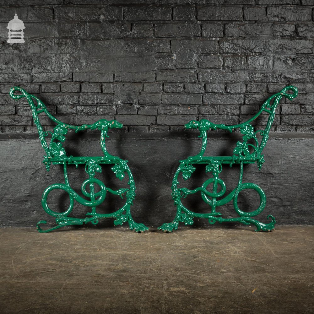 Pair of Green Coalbrookdale Design Cast Iron Bench Ends with Hound and Serpent