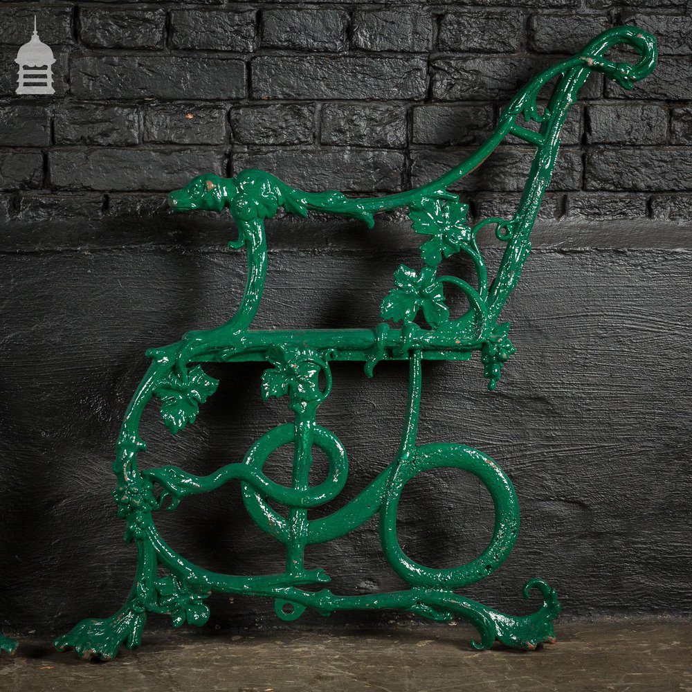 Pair of Green Coalbrookdale Design Cast Iron Bench Ends with Hound and Serpent