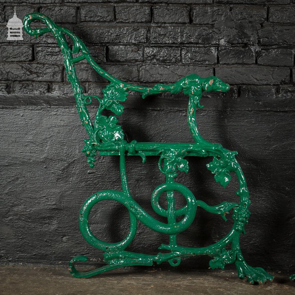 Pair of Green Coalbrookdale Design Cast Iron Bench Ends with Hound and Serpent