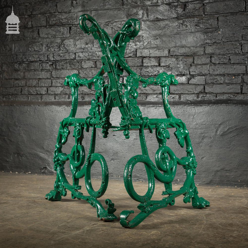 Pair of Green Coalbrookdale Design Cast Iron Bench Ends with Hound and Serpent