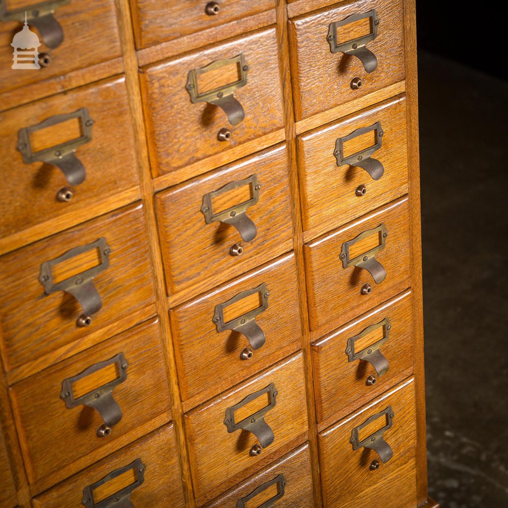 Mid Century Oak Libraco London 96 Drawer Pharmacy Index Card Filing Cabinet with Brass Finger Pulls