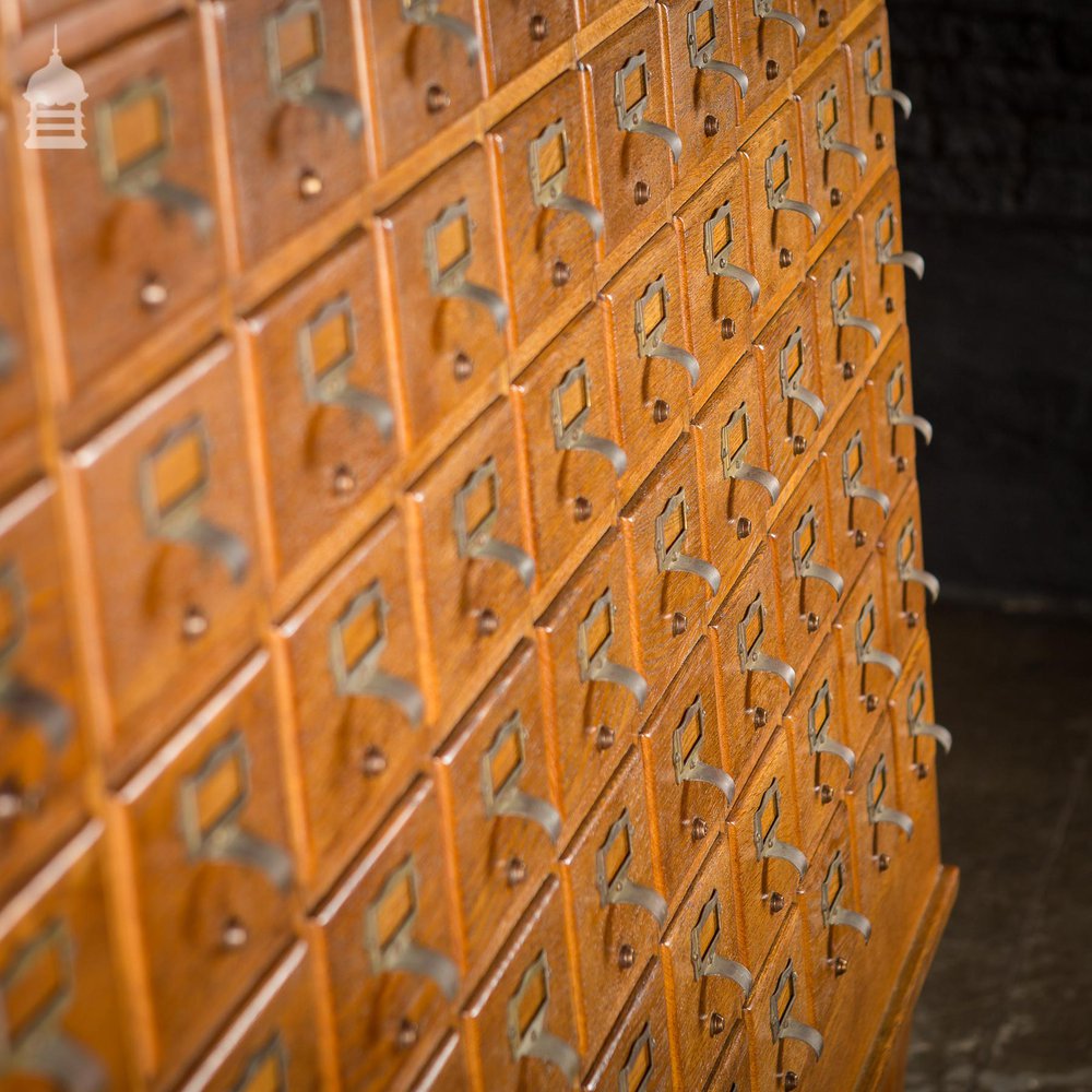 Mid Century Oak Libraco London 96 Drawer Pharmacy Index Card Filing Cabinet with Brass Finger Pulls