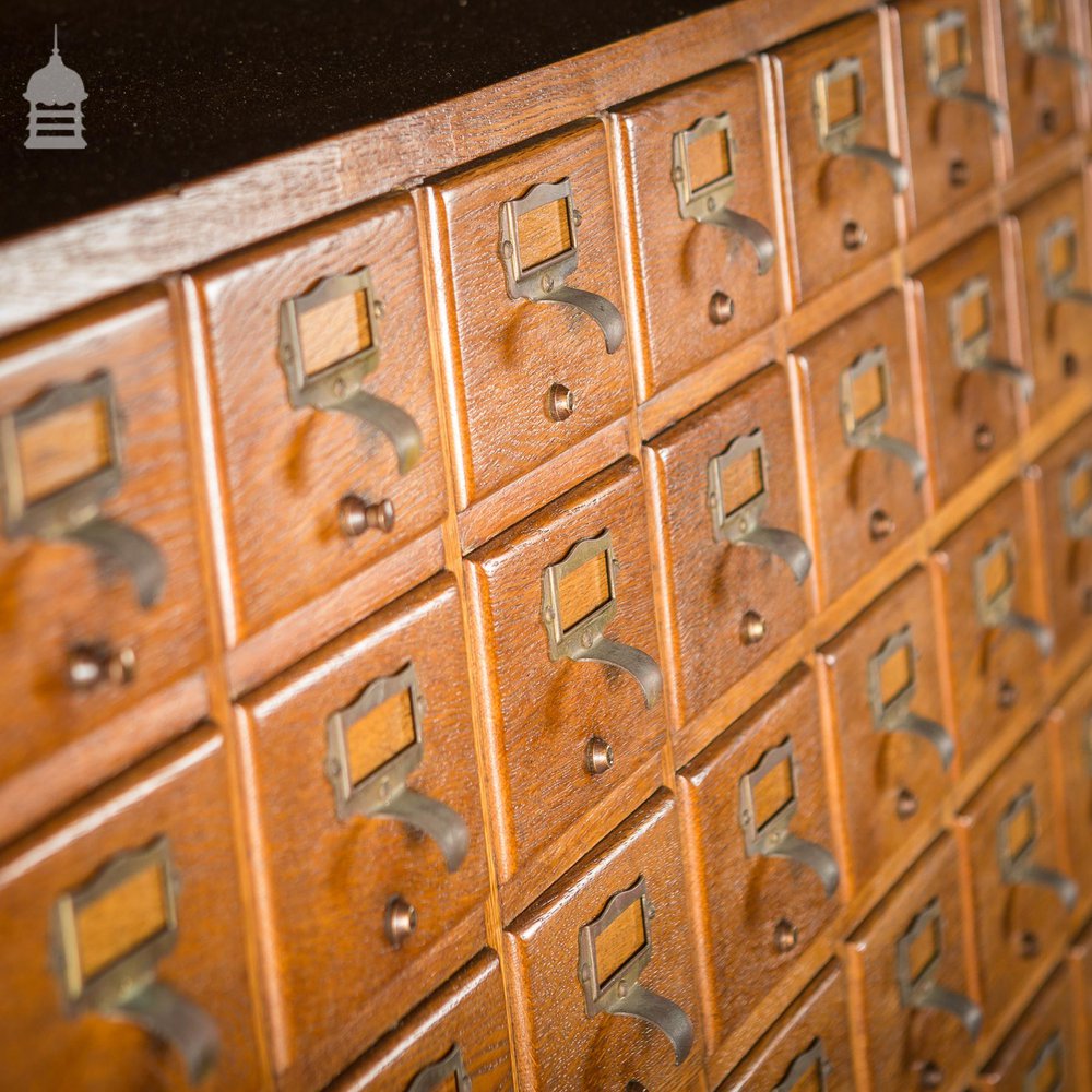 Mid Century Oak Libraco London 96 Drawer Pharmacy Index Card Filing Cabinet with Brass Finger Pulls