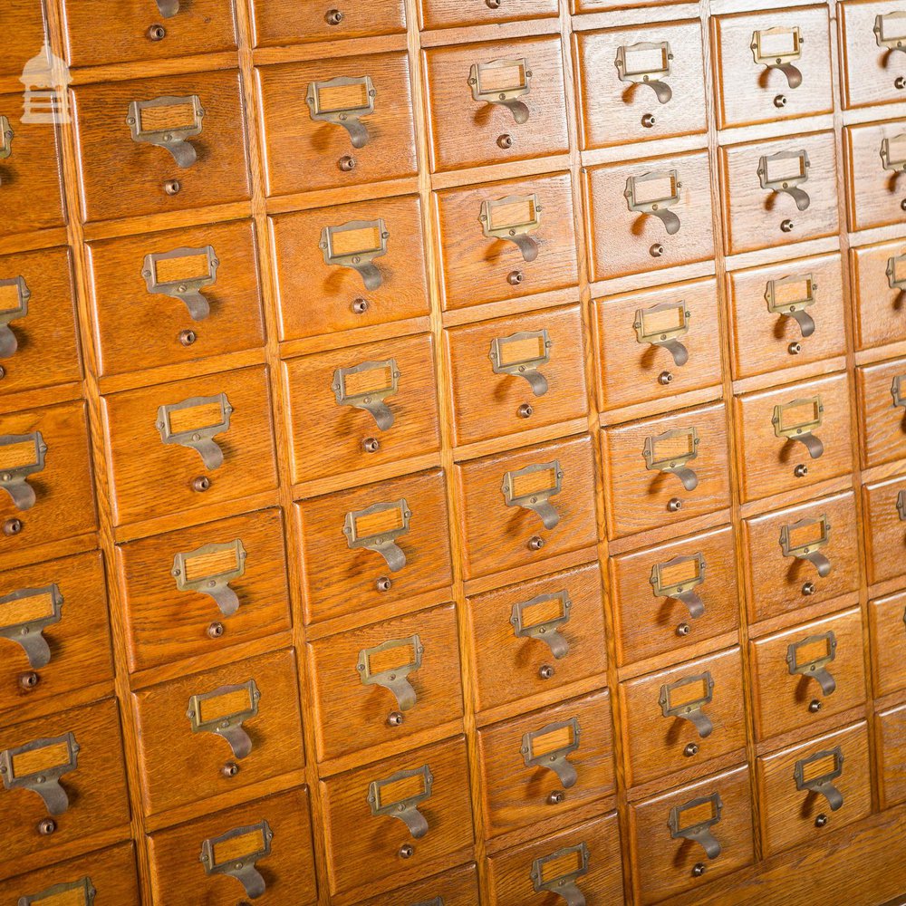 Mid Century Oak Libraco London 96 Drawer Pharmacy Index Card Filing Cabinet with Brass Finger Pulls