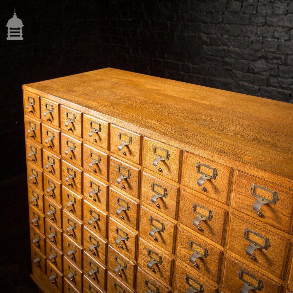 Mid Century Oak Libraco London 96 Drawer Pharmacy Index Card Filing Cabinet with Brass Finger Pulls