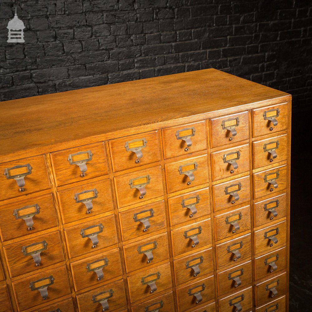 Mid Century Oak Libraco London 96 Drawer Pharmacy Index Card Filing Cabinet with Brass Finger Pulls