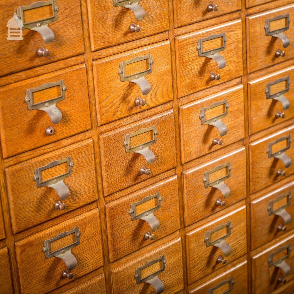 Mid Century Oak Libraco London 96 Drawer Pharmacy Index Card Filing Cabinet with Brass Finger Pulls