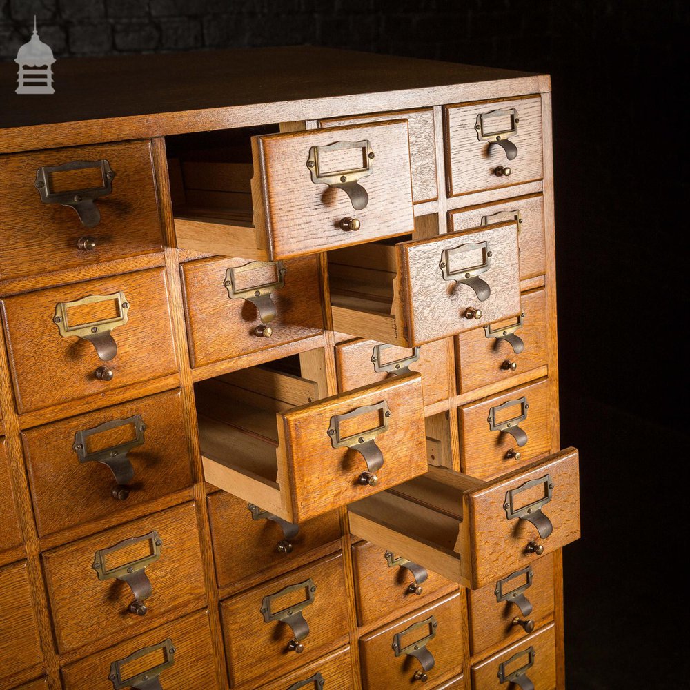 Mid Century Oak Libraco London 96 Drawer Pharmacy Index Card Filing Cabinet with Brass Finger Pulls