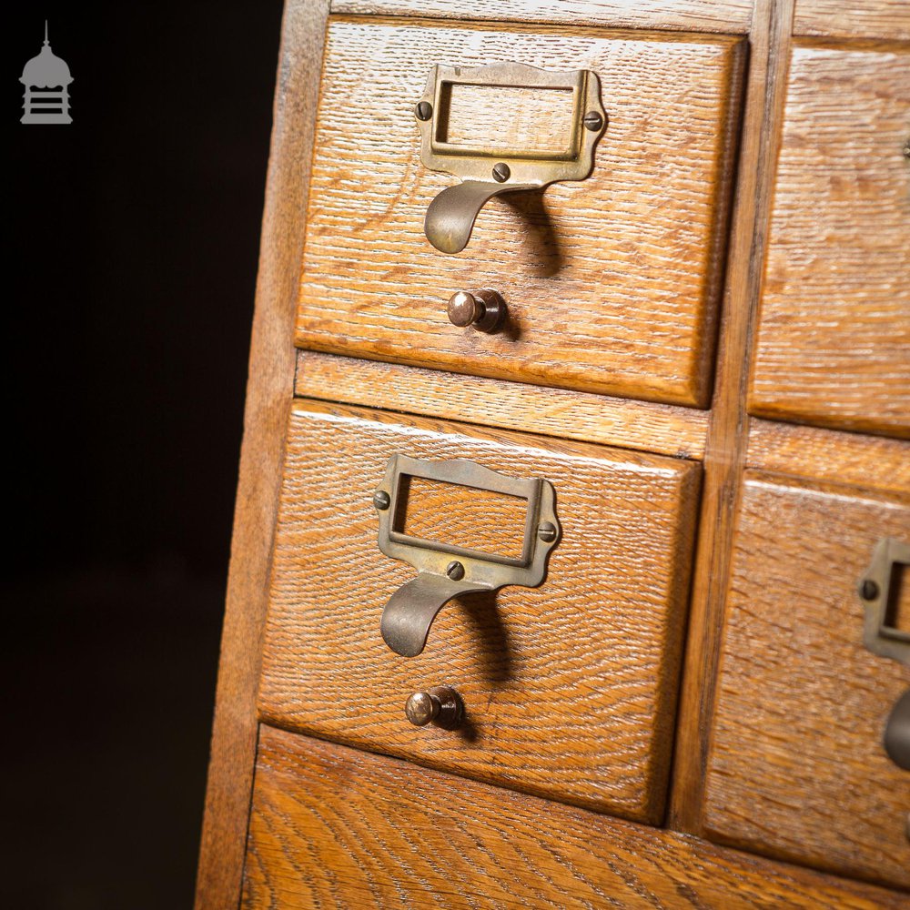 Mid Century Oak Libraco London 96 Drawer Pharmacy Index Card Filing Cabinet with Brass Finger Pulls