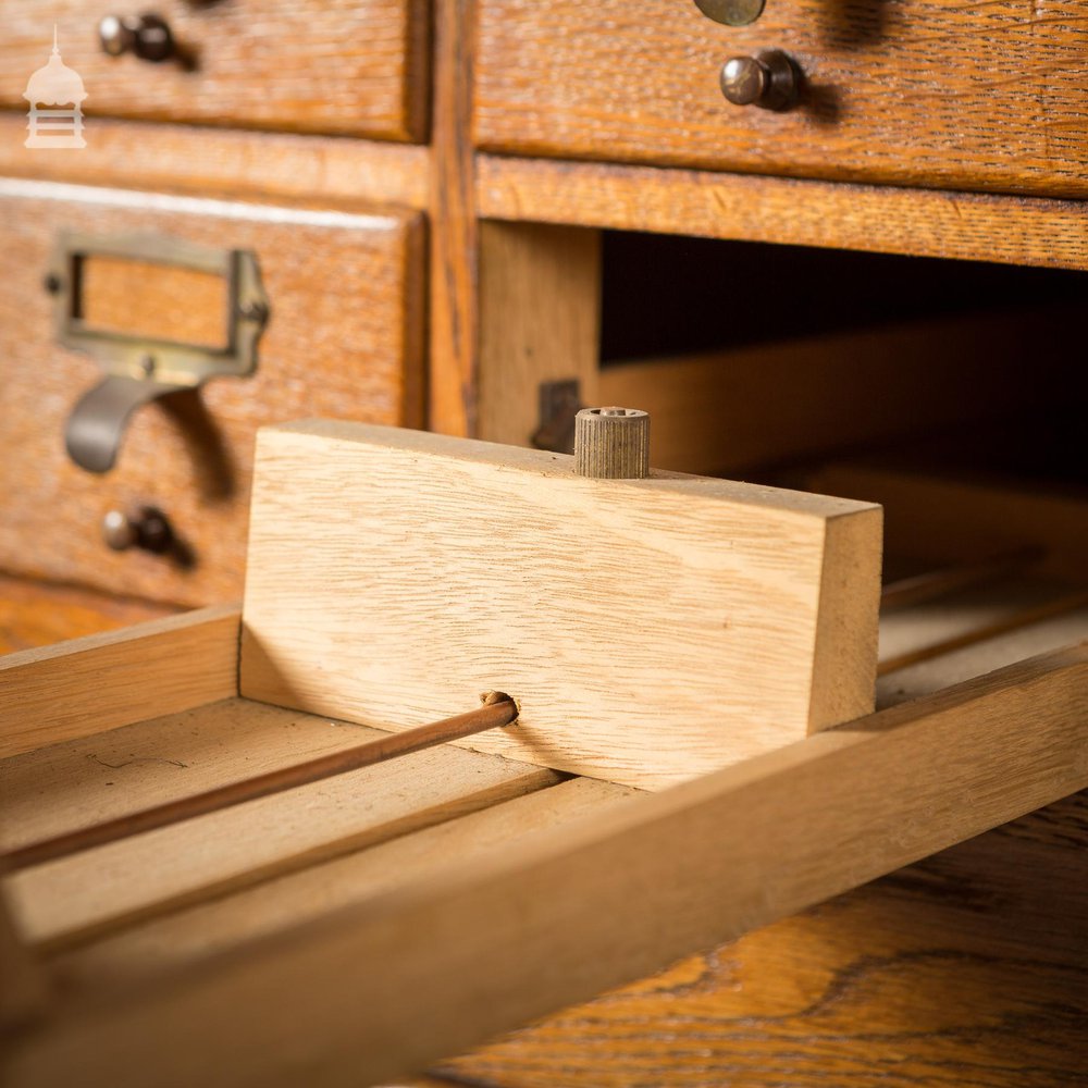 Mid Century Oak Libraco London 96 Drawer Pharmacy Index Card Filing Cabinet with Brass Finger Pulls