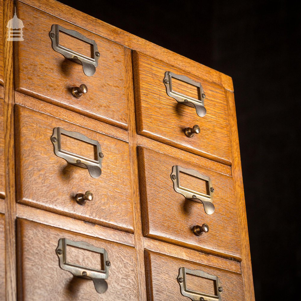 Mid Century Oak Libraco London 96 Drawer Pharmacy Index Card Filing Cabinet with Brass Finger Pulls