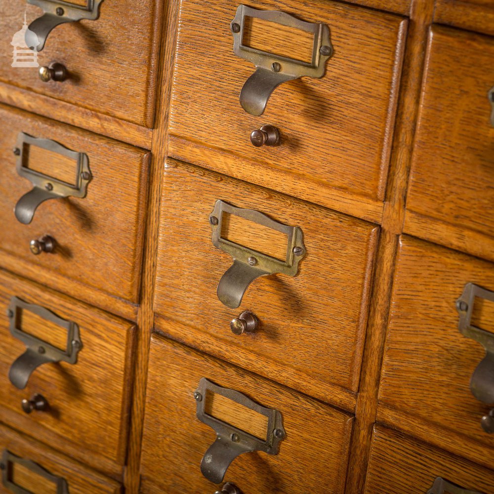 Mid Century Oak Libraco London 96 Drawer Pharmacy Index Card Filing Cabinet with Brass Finger Pulls