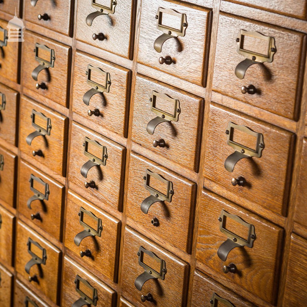 Mid Century Oak Libraco London 96 Drawer Pharmacy Index Card Filing Cabinet with Brass Finger Pulls