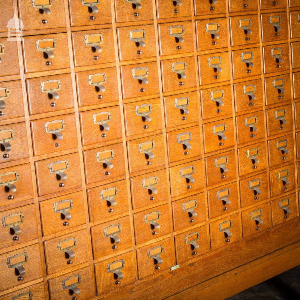 Mid Century Oak Libraco London 96 Drawer Pharmacy Index Card Filing Cabinet with Brass Finger Pulls