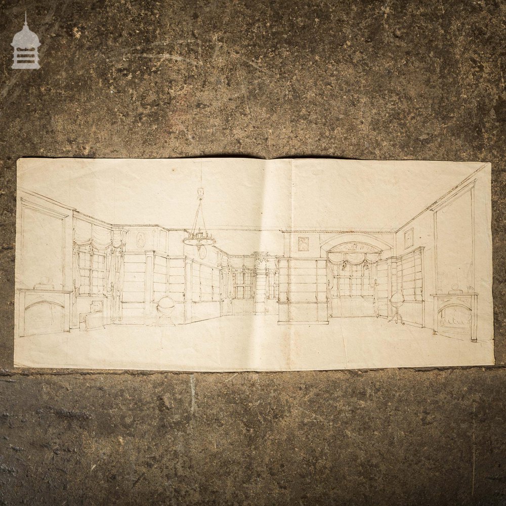 Original Edwardian Hand Drawn Sketch of a Stately Home Grand Drawing Room