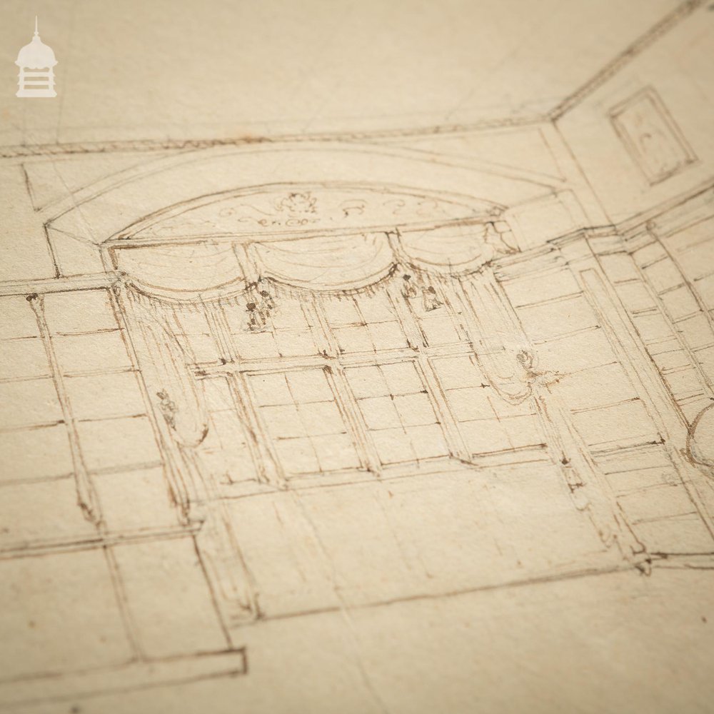 Original Edwardian Hand Drawn Sketch of a Stately Home Grand Drawing Room