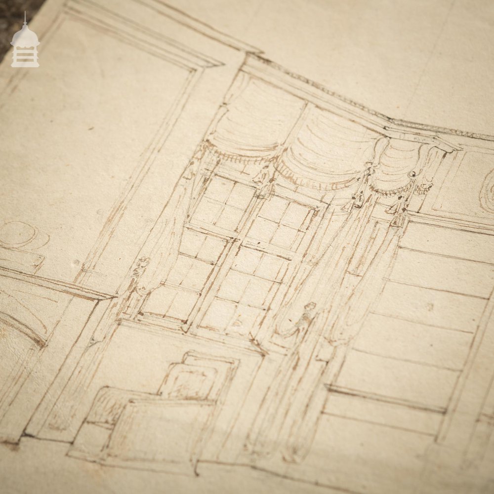 Original Edwardian Hand Drawn Sketch of a Stately Home Grand Drawing Room