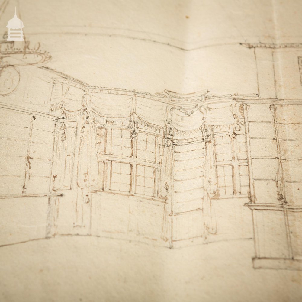 Original Edwardian Hand Drawn Sketch of a Stately Home Grand Drawing Room