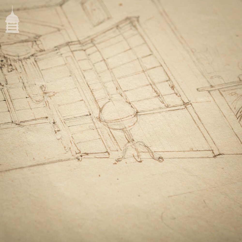 Original Edwardian Hand Drawn Sketch of a Stately Home Grand Drawing Room