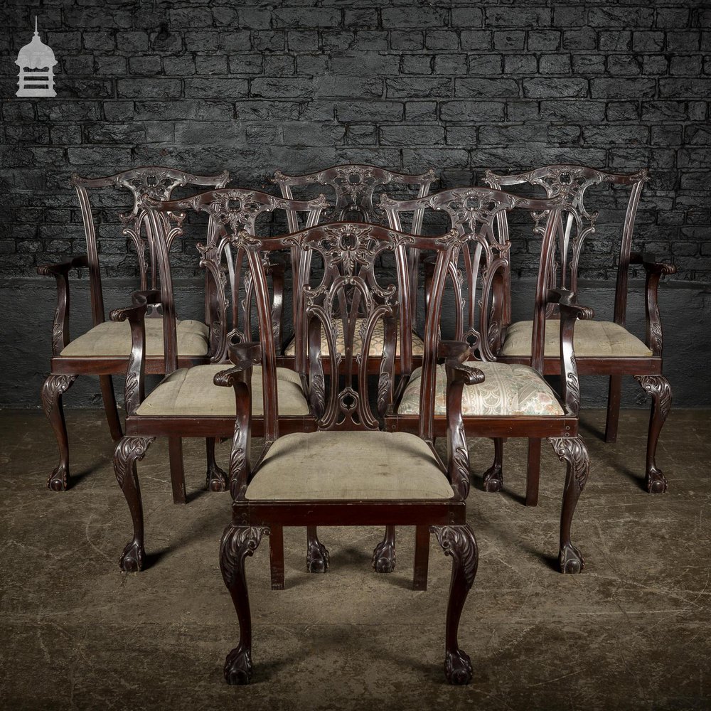 Set of Six Ornate Chippendale Revival Dining Chairs Armchairs Circa 1900