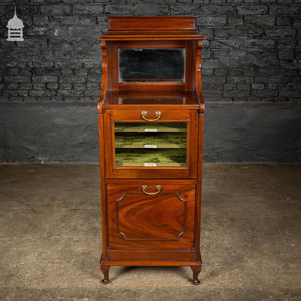 Edwardian Drop Front Glazed Mahogany Music Cabinet with Mirror