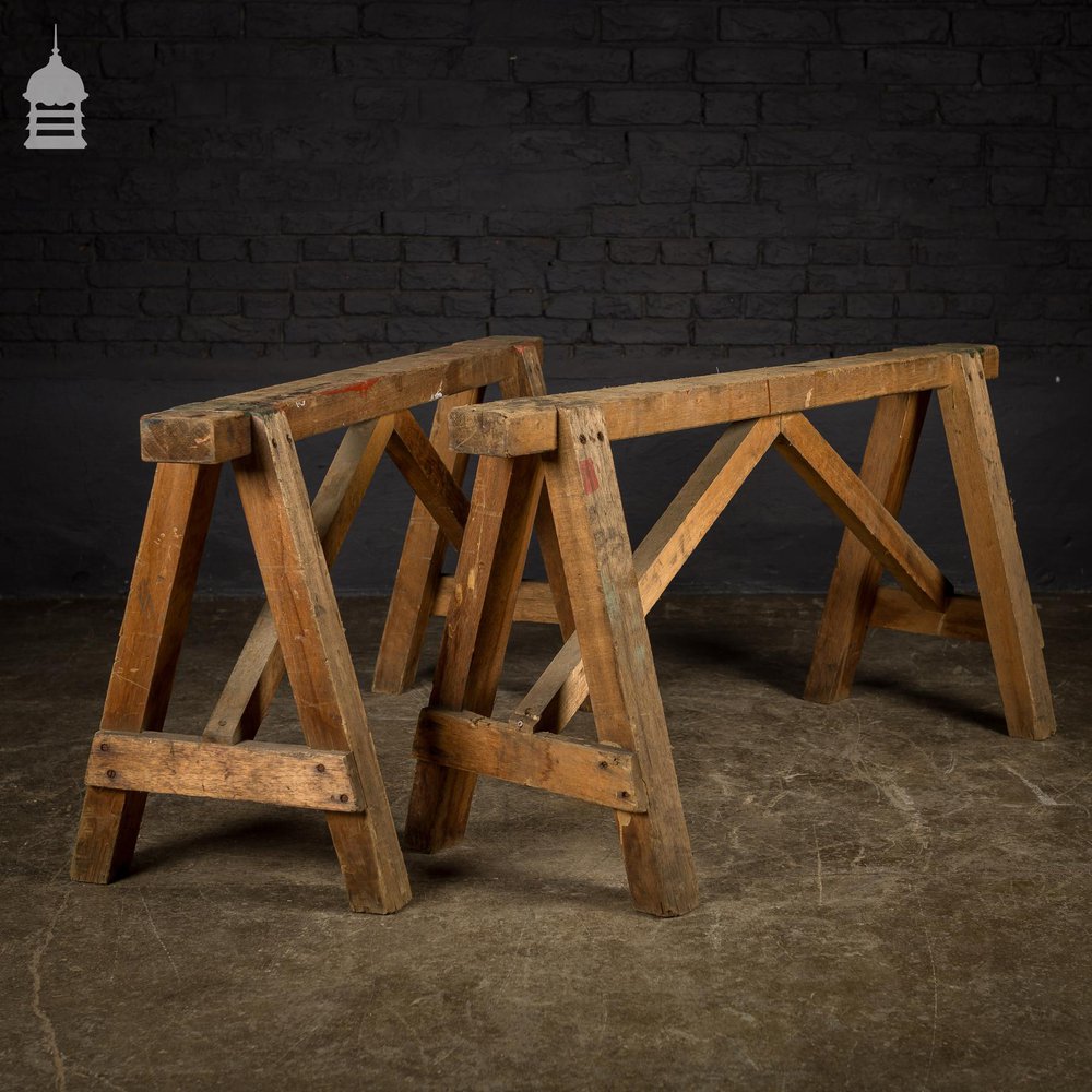 Pair Low Hardwood Workshop Industrial Trestles